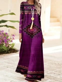 Hot Women's Maxi Dress Shift Dress A Line Dress Party Casual Boho Daily Date Going out Regular Fit Tie Dye Tribal Long Sleeve Crew Neck Red Blue Purple Green Spring Fall Winter Autumn Women Casual Dress