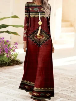 Hot Women's Maxi Dress Shift Dress A Line Dress Party Casual Boho Daily Date Going out Regular Fit Tie Dye Tribal Long Sleeve Crew Neck Red Blue Purple Green Spring Fall Winter Autumn Women Casual Dress