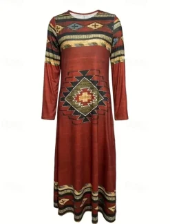 Hot Women's Maxi Dress Shift Dress A Line Dress Party Casual Boho Daily Date Going out Regular Fit Tie Dye Tribal Long Sleeve Crew Neck Red Blue Purple Green Spring Fall Winter Autumn Women Casual Dress