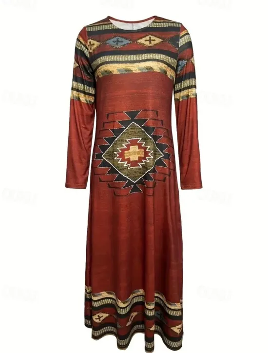 Hot Women's Maxi Dress Shift Dress A Line Dress Party Casual Boho Daily Date Going out Regular Fit Tie Dye Tribal Long Sleeve Crew Neck Red Blue Purple Green Spring Fall Winter Autumn Women Casual Dress