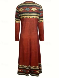 Hot Women's Maxi Dress Shift Dress A Line Dress Party Casual Boho Daily Date Going out Regular Fit Tie Dye Tribal Long Sleeve Crew Neck Red Blue Purple Green Spring Fall Winter Autumn Women Casual Dress
