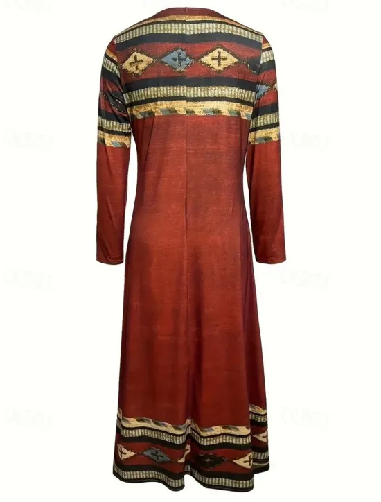 Hot Women's Maxi Dress Shift Dress A Line Dress Party Casual Boho Daily Date Going out Regular Fit Tie Dye Tribal Long Sleeve Crew Neck Red Blue Purple Green Spring Fall Winter Autumn Women Casual Dress