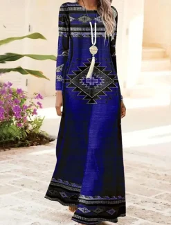 Hot Women's Maxi Dress Shift Dress A Line Dress Party Casual Boho Daily Date Going out Regular Fit Tie Dye Tribal Long Sleeve Crew Neck Red Blue Purple Green Spring Fall Winter Autumn Women Casual Dress