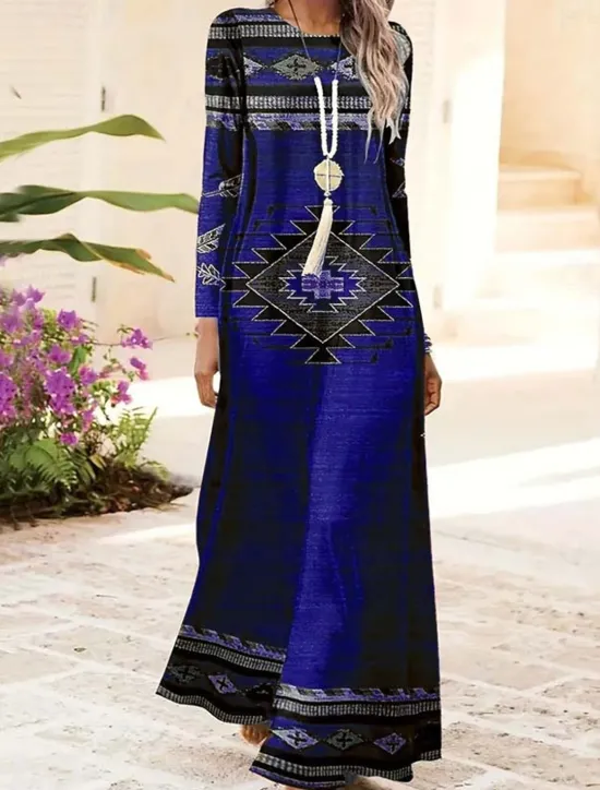 Hot Women's Maxi Dress Shift Dress A Line Dress Party Casual Boho Daily Date Going out Regular Fit Tie Dye Tribal Long Sleeve Crew Neck Red Blue Purple Green Spring Fall Winter Autumn Women Casual Dress