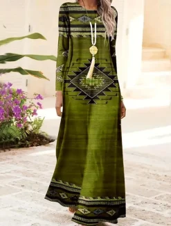 Hot Women's Maxi Dress Shift Dress A Line Dress Party Casual Boho Daily Date Going out Regular Fit Tie Dye Tribal Long Sleeve Crew Neck Red Blue Purple Green Spring Fall Winter Autumn Women Casual Dress