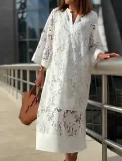 Online Women's Maxi Dress Shift Dress Summer Dress Casual Daily Regular Fit Plain 3/4 Length Sleeve Notched Neck Summer Women White Dresses