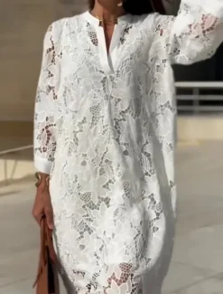 Online Women's Maxi Dress Shift Dress Summer Dress Casual Daily Regular Fit Plain 3/4 Length Sleeve Notched Neck Summer Women White Dresses