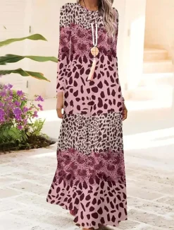 Hot Women's Maxi Dress Shift Dress A Line Dress Party Casual Boho Daily Date Going out Regular Fit Graphic Animal Leopard Long Sleeve Crew Neck Pink Blue Brown Green Spring Fall Winter Autumn Women Casual Dress