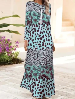 Hot Women's Maxi Dress Shift Dress A Line Dress Party Casual Boho Daily Date Going out Regular Fit Graphic Animal Leopard Long Sleeve Crew Neck Pink Blue Brown Green Spring Fall Winter Autumn Women Casual Dress