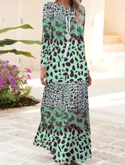 Hot Women's Maxi Dress Shift Dress A Line Dress Party Casual Boho Daily Date Going out Regular Fit Graphic Animal Leopard Long Sleeve Crew Neck Pink Blue Brown Green Spring Fall Winter Autumn Women Casual Dress