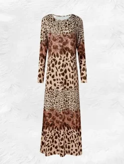 Hot Women's Maxi Dress Shift Dress A Line Dress Party Casual Boho Daily Date Going out Regular Fit Graphic Animal Leopard Long Sleeve Crew Neck Pink Blue Brown Green Spring Fall Winter Autumn Women Casual Dress