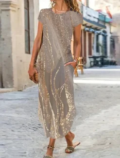 Hot Women's Maxi Dress Shift Dress Ombre Marble Pocket Split Crew Neck Daily Date Short Sleeve Summer Spring Women Vacation Dresses