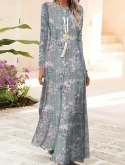 New Women's Maxi Dress Shift Dress A Line Dress Party Casual Boho Daily Date Going out Regular Fit Floral Graphic Tie Dye Long Sleeve Crew Neck Light Green Pink Blue Light Purple Spring Fall Winter Autumn Women Casual Dress