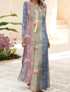 New Women's Maxi Dress Shift Dress A Line Dress Party Casual Boho Daily Date Going out Regular Fit Floral Graphic Tie Dye Long Sleeve Crew Neck Light Green Pink Blue Light Purple Spring Fall Winter Autumn Women Casual Dress