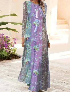 New Women's Maxi Dress Shift Dress A Line Dress Party Casual Boho Daily Date Going out Regular Fit Floral Graphic Tie Dye Long Sleeve Crew Neck Light Green Pink Blue Light Purple Spring Fall Winter Autumn Women Casual Dress