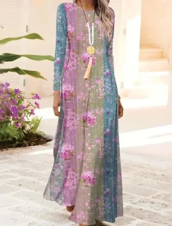 New Women's Maxi Dress Shift Dress A Line Dress Party Casual Boho Daily Date Going out Regular Fit Floral Graphic Tie Dye Long Sleeve Crew Neck Light Green Pink Blue Light Purple Spring Fall Winter Autumn Women Casual Dress