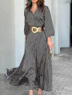 Best Women's Maxi Dress Shift Dress Work Dresses Casual Semi Formal Office Regular Fit Graphic Geometric Long Sleeve Shirt Collar Summer Spring Women Casual Dress