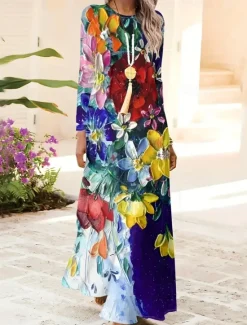 Best Women's Maxi Dress Shift Dress A Line Dress Party Casual Boho Daily Date Going out Regular Fit Floral Graphic Tie Dye Long Sleeve Crew Neck Red Blue Green Spring Fall Winter Autumn Women Casual Dress