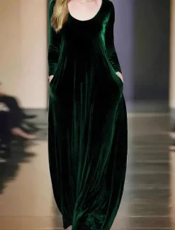 Discount Women's Maxi Dress Shift Dress Party Birthday Casual Party Wedding Guest Birthday Regular Fit Plain Long Sleeve Crew Neck Black Red Blue Green Spring Fall Winter Autumn Women Casual Dress