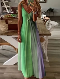 Sale Women's Maxi Dress Sleeveless Gradient Pastel Rainbow Scoop Neck Flowy Bohemian Style Casual Summer Beachwear Regular to Plus Size Women Vacation Dresses