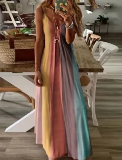 Sale Women's Maxi Dress Sleeveless Gradient Pastel Rainbow Scoop Neck Flowy Bohemian Style Casual Summer Beachwear Regular to Plus Size Women Vacation Dresses