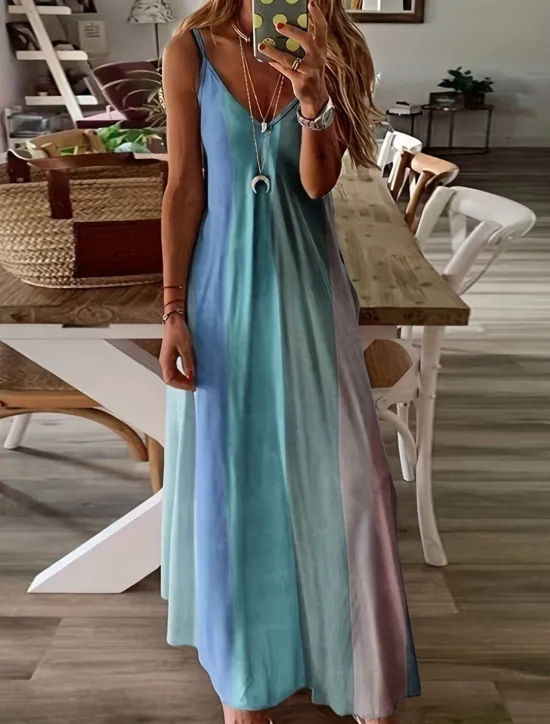 Sale Women's Maxi Dress Sleeveless Gradient Pastel Rainbow Scoop Neck Flowy Bohemian Style Casual Summer Beachwear Regular to Plus Size Women Vacation Dresses