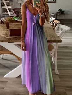 Sale Women's Maxi Dress Sleeveless Gradient Pastel Rainbow Scoop Neck Flowy Bohemian Style Casual Summer Beachwear Regular to Plus Size Women Vacation Dresses