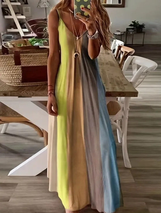 Sale Women's Maxi Dress Sleeveless Gradient Pastel Rainbow Scoop Neck Flowy Bohemian Style Casual Summer Beachwear Regular to Plus Size Women Vacation Dresses