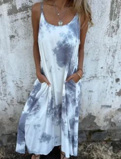 New Women's Maxi Dress Slip Dress Off The Shoulder Dress Casual Outdoor Going out Regular Fit Tie Dye Sleeveless Spaghetti Strap Pink Navy Blue Apricot Summer Women Sundresses