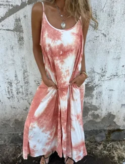 New Women's Maxi Dress Slip Dress Off The Shoulder Dress Casual Outdoor Going out Regular Fit Tie Dye Sleeveless Spaghetti Strap Pink Navy Blue Apricot Summer Women Sundresses