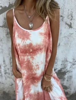 New Women's Maxi Dress Slip Dress Off The Shoulder Dress Casual Outdoor Going out Regular Fit Tie Dye Sleeveless Spaghetti Strap Pink Navy Blue Apricot Summer Women Sundresses