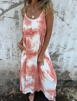 New Women's Maxi Dress Slip Dress Off The Shoulder Dress Casual Outdoor Going out Regular Fit Tie Dye Sleeveless Spaghetti Strap Pink Navy Blue Apricot Summer Women Sundresses