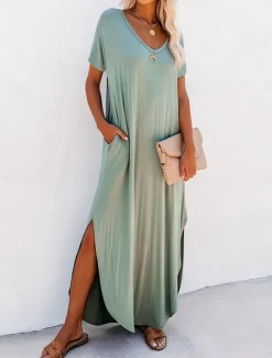 Best Women's Maxi Dress Summer Dress Casual Daily Regular Fit Plain Short Sleeve V Neck Black Pink Green Summer Women Casual Dress