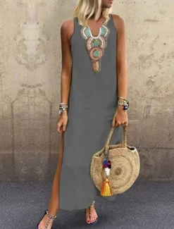 Online Women's Maxi Dress Summer Dress Casual Boho Daily Regular Fit Graphic Sleeveless Notched Neck White Yellow Wine Gray Summer Women Dresses