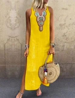Online Women's Maxi Dress Summer Dress Casual Boho Daily Regular Fit Graphic Sleeveless Notched Neck White Yellow Wine Gray Summer Women Dresses
