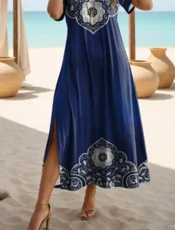 Clearance Women's Maxi Dress Summer Dress Boho Dress Bohemia Vintage Ethnic Butterfly Sleeve Vacation Daily Beach Regular Fit Floral Graphic Short Sleeve Crew Neck Light Green Blue Spring Fall Women Spring Dresses