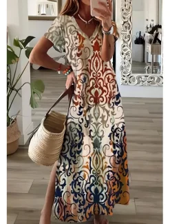 Clearance Women's Maxi Dress Sundress A Line Dress Vacation Casual Boho Going out Beach Loose Fit Floral Graphic Geometric Short Sleeve V Neck Light Brown Blue Sky Blue Grey Summer Spring Women Vacation Dresses