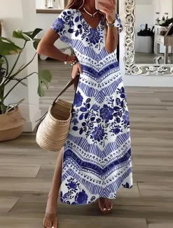 Clearance Women's Maxi Dress Sundress A Line Dress Vacation Casual Boho Going out Beach Loose Fit Floral Graphic Geometric Short Sleeve V Neck Light Brown Blue Sky Blue Grey Summer Spring Women Vacation Dresses