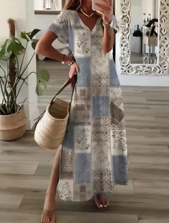 Clearance Women's Maxi Dress Sundress A Line Dress Vacation Casual Boho Going out Beach Loose Fit Floral Graphic Geometric Short Sleeve V Neck Light Brown Blue Sky Blue Grey Summer Spring Women Vacation Dresses