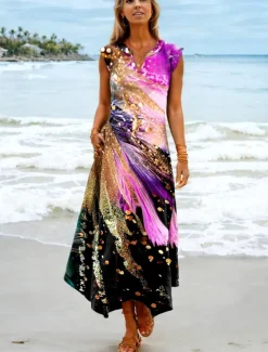 Women's Maxi Dress Sundress Shift Dress Vacation Boho Beach Party Beach Standard Fit Ombre Graphic Galaxy Sleeveless V Neck Summer Spring Women Floral Dresses|Vacation Dresses