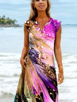 Women's Maxi Dress Sundress Shift Dress Vacation Boho Beach Party Beach Standard Fit Ombre Graphic Galaxy Sleeveless V Neck Summer Spring Women Floral Dresses|Vacation Dresses