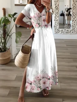 Outlet Women's Maxi Dress Sundress A Line Dress Vacation Casual Beach Party Going out Regular Fit Floral Graphic Short Sleeve V Neck Light Pink White Pink Spring Fall Women Vacation Dresses