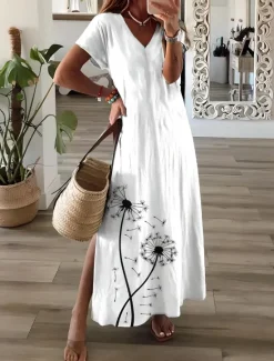 Outlet Women's Maxi Dress Sundress A Line Dress Vacation Casual Beach Party Going out Regular Fit Floral Graphic Short Sleeve V Neck Light Pink White Pink Spring Fall Women Vacation Dresses