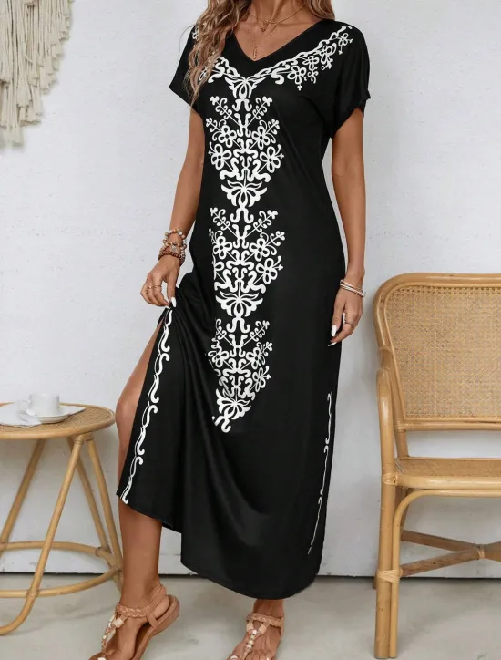 Clearance Women's Maxi Dress Sundress Shift Dress A Line Dress Ethnic Casual Drop Shoulder Daily Loose Fit Graphic Short Sleeve V Neck Summer Women Spring Dresses|T Shirt Dresses