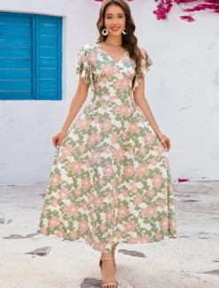 Best Women's Maxi Dress Sundress A Line Dress Vacation Party Casual Butterfly Sleeve Party Office Birthday Regular Fit Floral Graphic Short Sleeve V Neck Summer Spring Women Casual Dress
