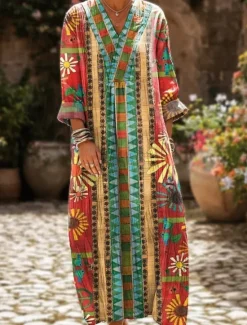 Women's Maxi Dress Sundress A Line Dress Vacation Casual Boho Party Holiday Beach Loose Fit Floral Graphic Geometric Long Sleeve V Neck Yellow Red Fuchsia Orange Summer Spring Fall Women Casual Dress|Vacation Dresses