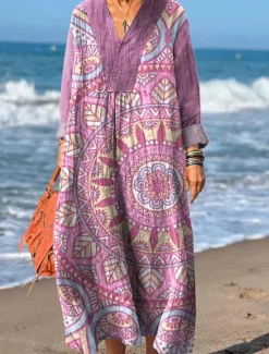 Women's Maxi Dress Sundress A Line Dress Vacation Casual Boho Party Holiday Beach Loose Fit Floral Graphic Geometric Long Sleeve V Neck Yellow Red Fuchsia Orange Summer Spring Fall Women Casual Dress|Vacation Dresses