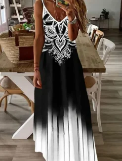 Sale Women's Maxi Dress Sundress A Line Dress Slip Dress Vacation Casual Going out Beach Regular Fit Ombre Graphic Paisley Sleeveless V Neck Black White Summer Spring Women Sundresses