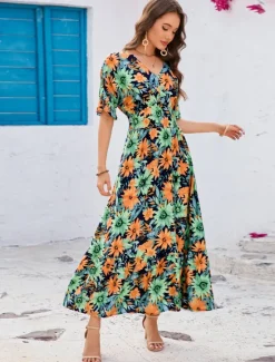 Outlet Women's Maxi Dress Sundress A Line Dress Vacation Casual Boho Party Going out Beach Standard Fit Floral Graphic Short Sleeve V Neck Summer Spring Women Vacation Dresses|Floral Dresses
