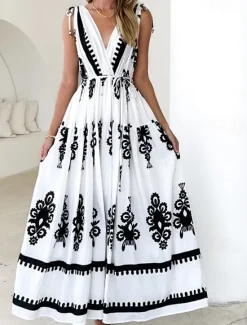 Hot Women's Maxi Dress Sundress A Line Dress Vacation Party Casual Party Daily Holiday Regular Fit Floral Graphic Tribal Sleeveless V Neck Black print Brown print Summer Women Casual Dress